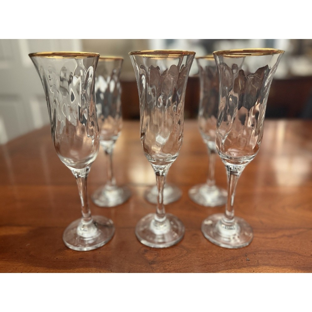 Set of 6 Circleware Maxim Gold Rim Optic Swirl Champagne Flutes Trumpet Glasses